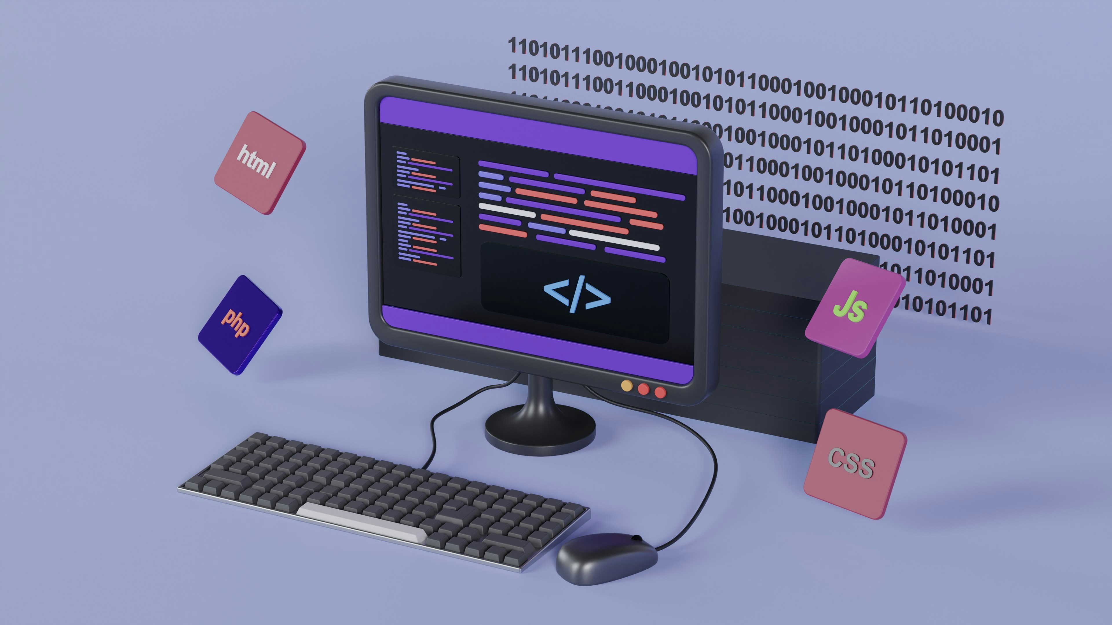 3D illustration of a computer monitor displaying code with floating icons for HTML, CSS, JavaScript, and PHP, symbolizing web development.